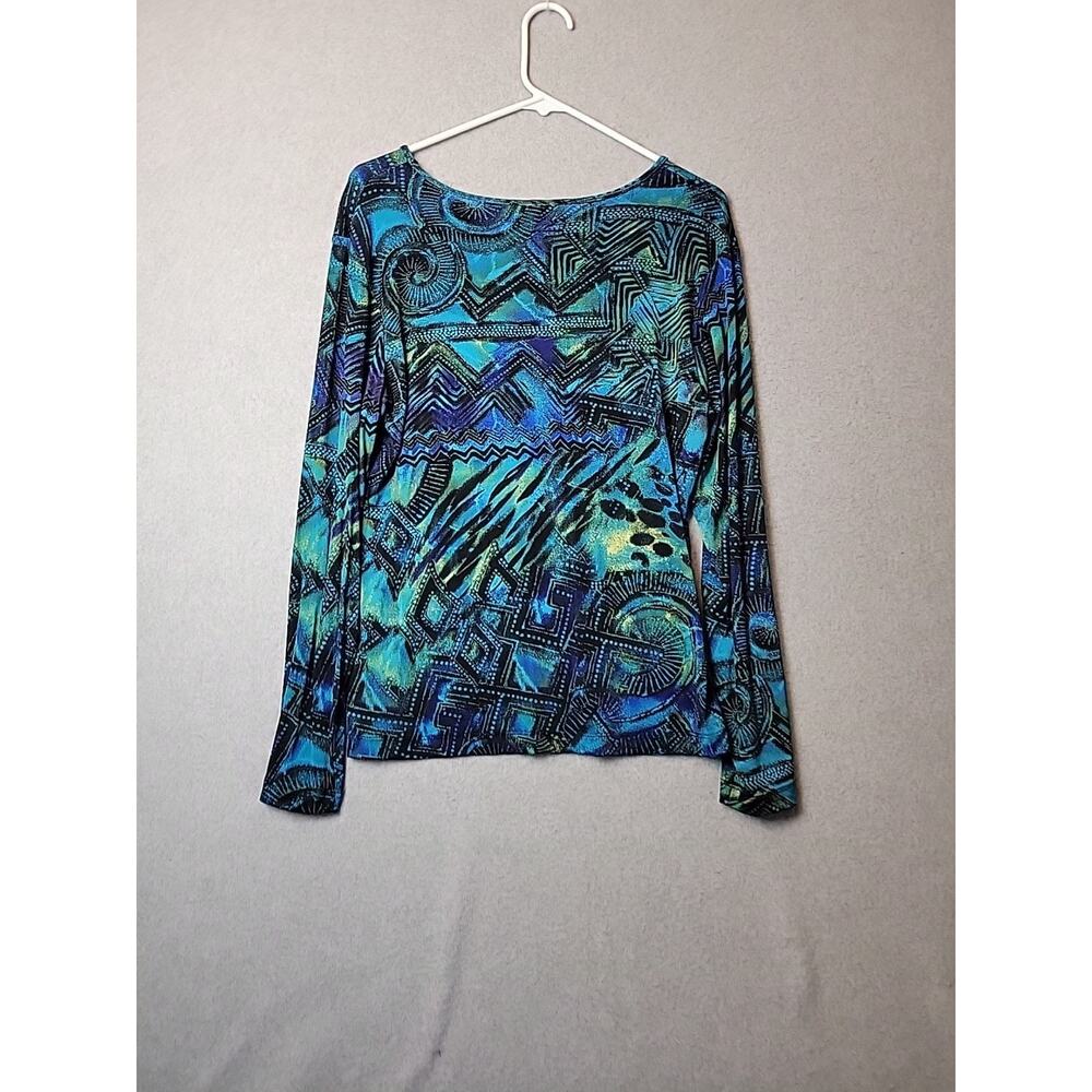 Chico's Travelers Blue Artsy Nautilus Slinky LS V Neck Blouse Women's 1 US Med - Picture 6 of 12